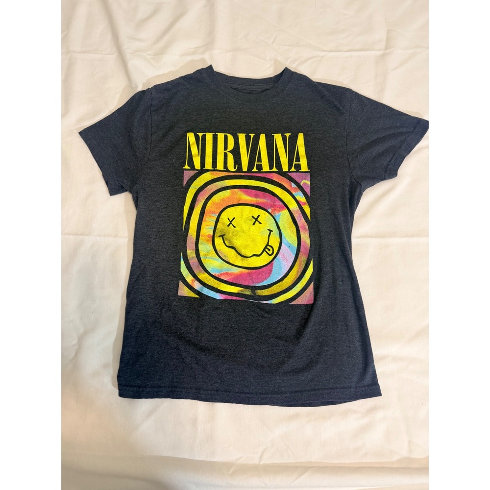 Nirvana Smiley Face Tie Dye Graphic Tee Charcoal Grey Size M Mens Womens